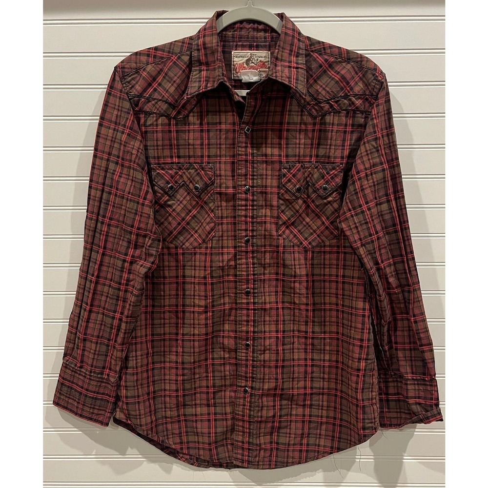Wrangler Western Plaid Snap Front Long Sleeve Shirt Mens Brown Red‎ Black Size S